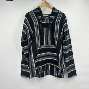 Senor‎ Lopez Baja Hoodie Mens L Black Gray Striped Mexican Drug Rug Pullover